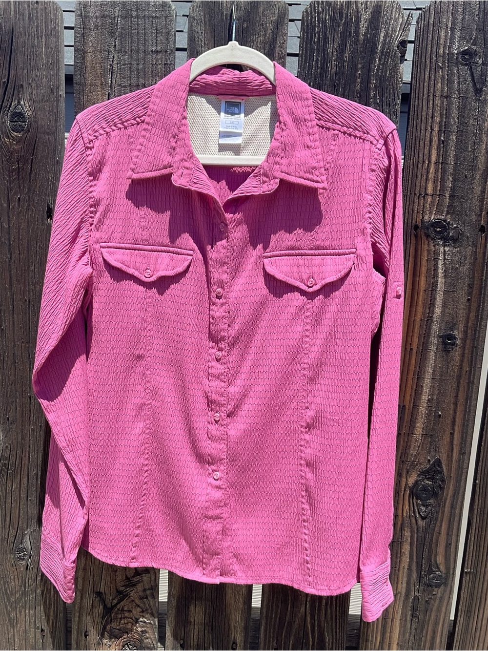 The North Face Women’s Pink Textured Button Front Roll Tab Shirt Sz L Outdoors